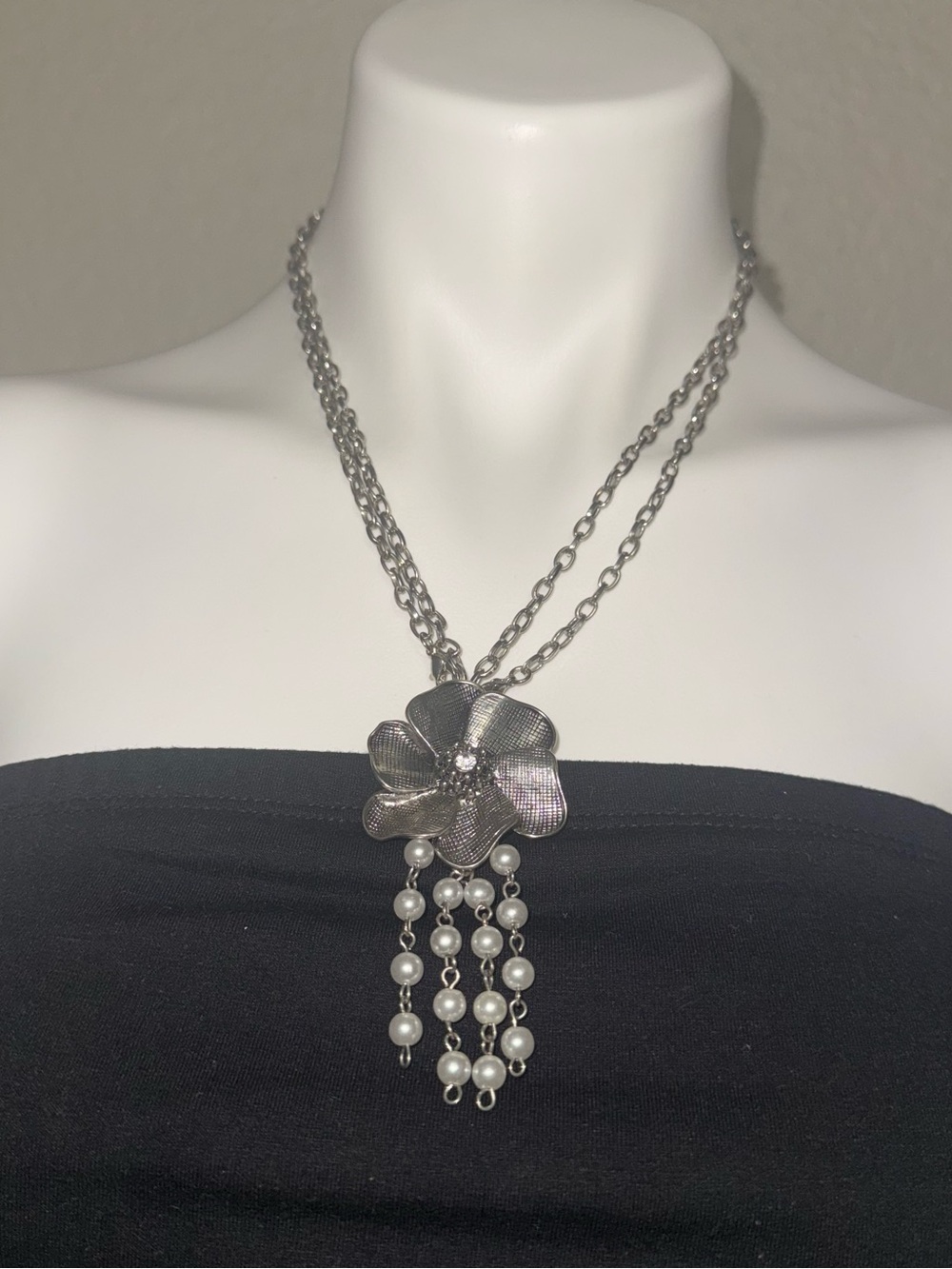 Silver Flower Pendant Necklace with Pearl Dangles